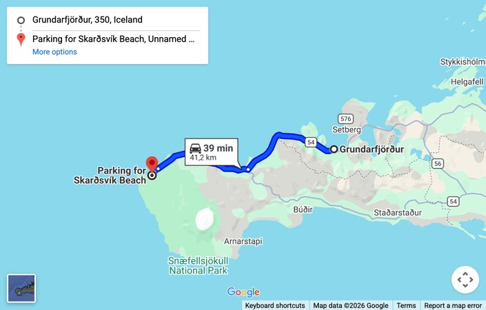 Map: driving route from Grundarfjordur to the Skardsvik beach