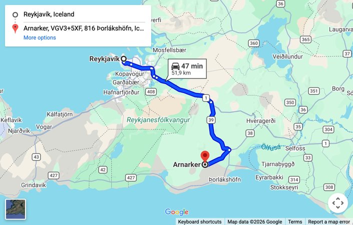 Map: driving route from Reykjavik to the Arnarker cave