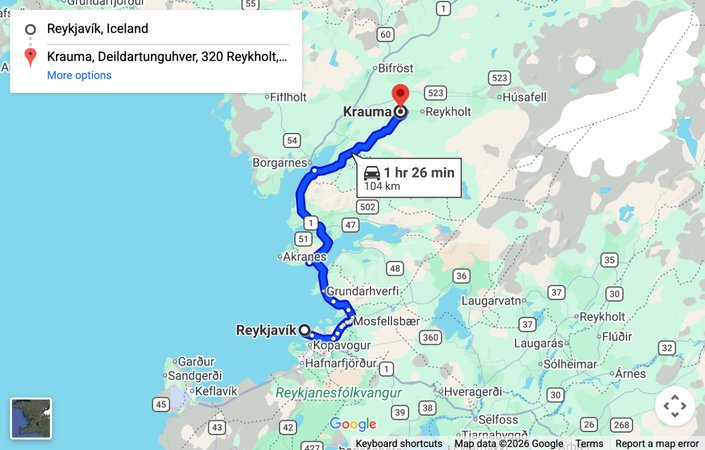 Map: driving route from Reykjavik to Krauma