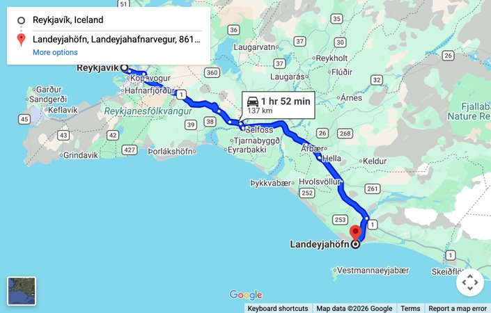 Map: driving route from Reykjavik to the Landeyjahofn ferry port