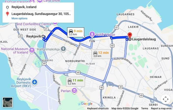 Map: driving route from Reykjavik to the Laugardalslaug pool