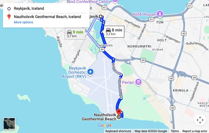 Map: driving route from Reykjavik to the Nautholsvik geothermal beach