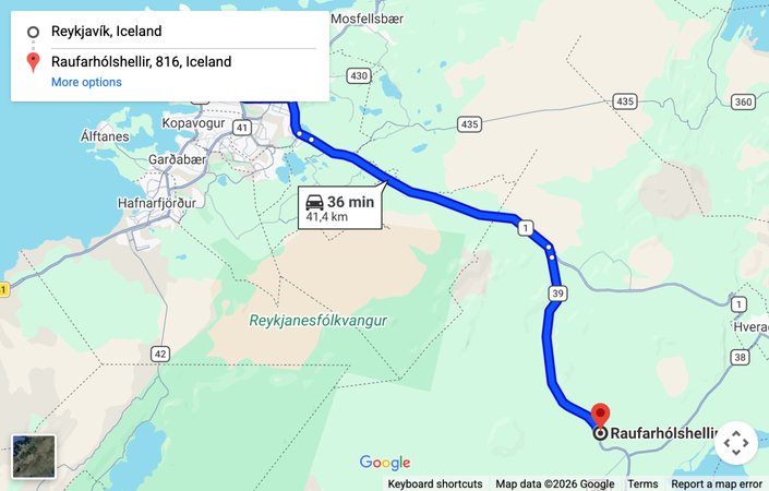 Map: driving route from Reykjavik to Raufarholshellir