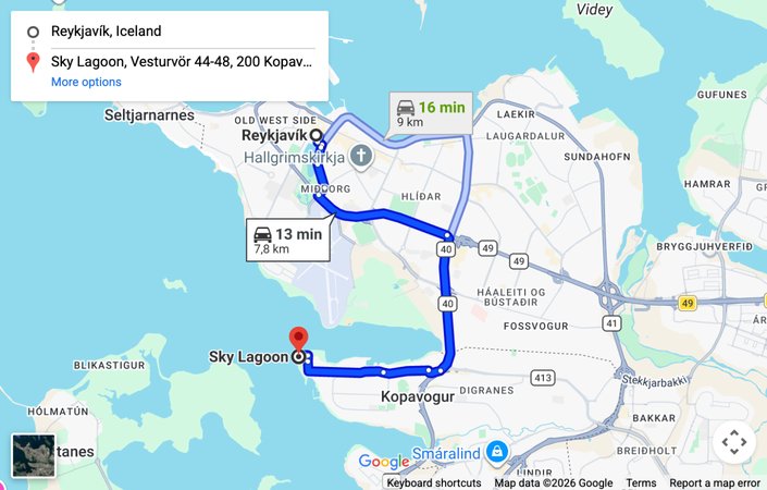 Map: driving route from Reykjavik to Sky Lagoon