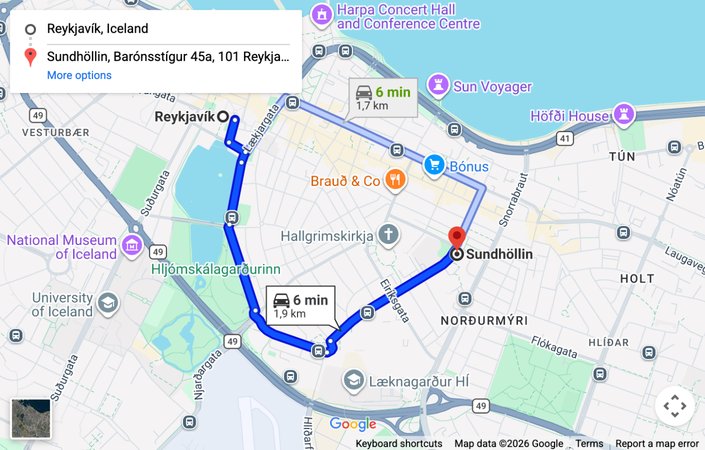 Map: driving route from Reykjavik to the Sundhollin pool