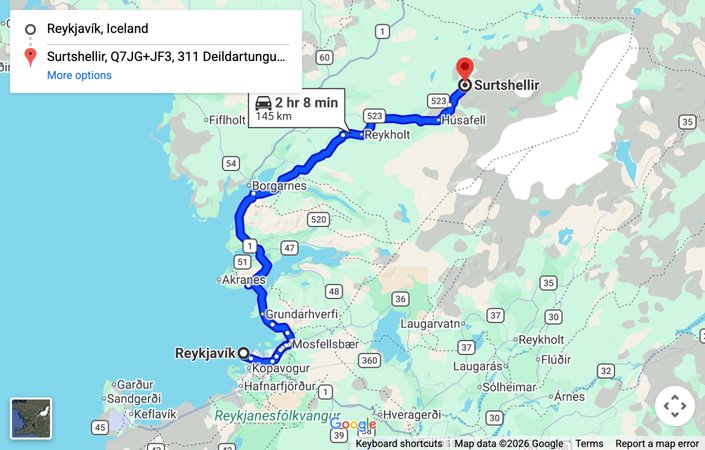 Map: driving route from Reykjavik to the Surtshellir cave