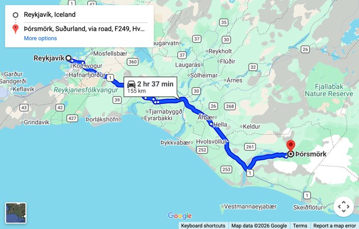 Map: driving route from Reykjavik to the Volcano Huts in Thorsmork