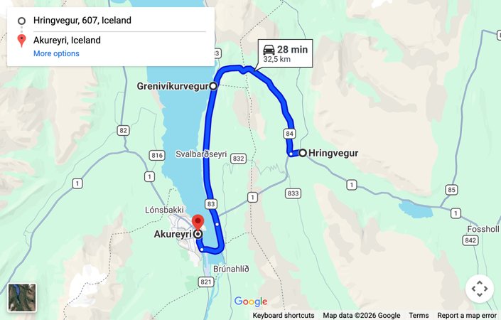 Map: driving route bypassing the Vadlaheidi tunnel near Akureyri