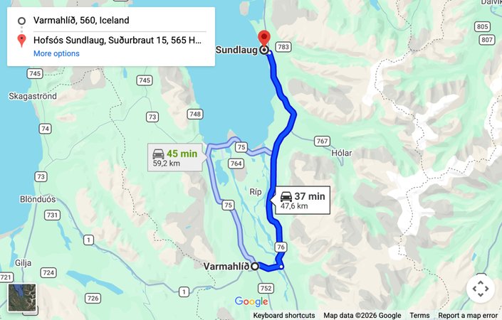 Map: driving route from Varmahlid to the Hofsos swimming pool