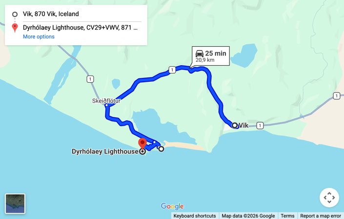 Map: driving route from Vik to the Dyrholaey lighthouse