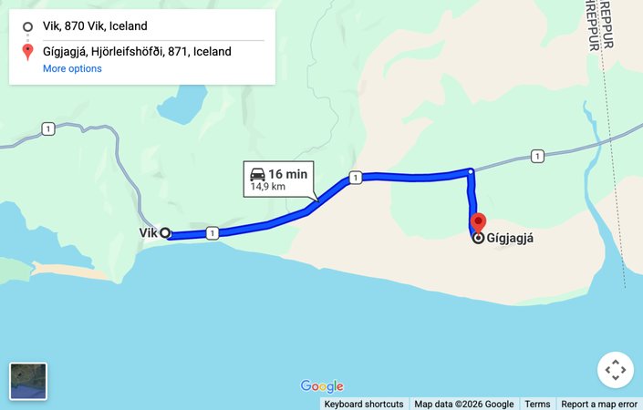 Map: driving route from Vik to the Hjorleifshofdi cave