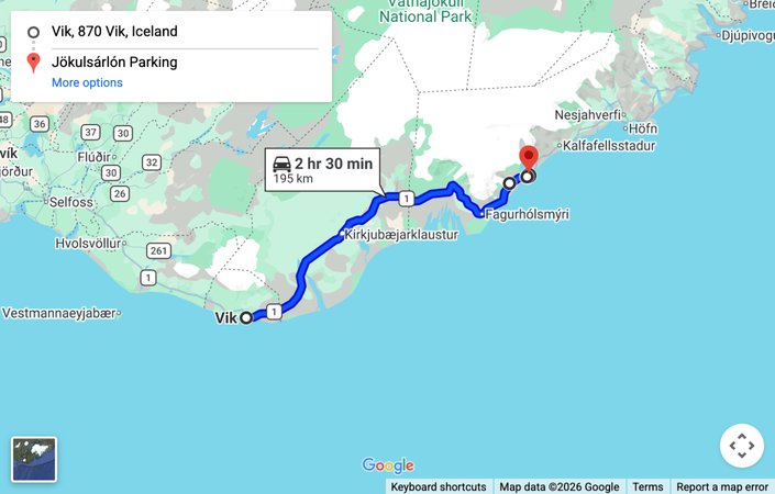 Map: driving route from Vik to Jokulsarlon