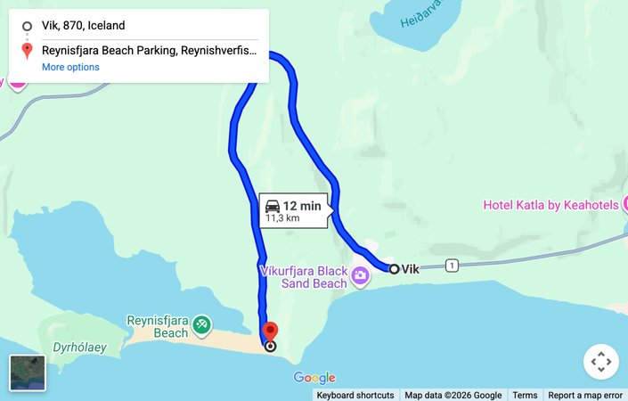 Map: driving route from Vik to the Reynisfjara beach parking