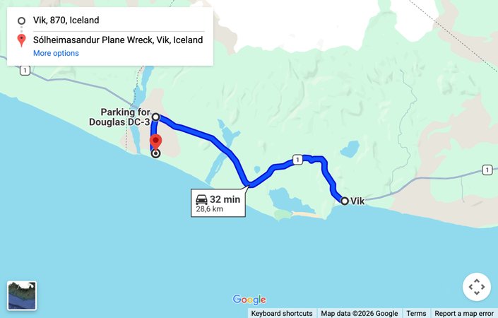 Map: driving route from Vik to the Solheimasandur plane wreck parking
