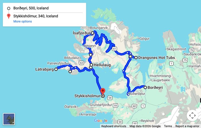 Map: driving route around the Westfjords