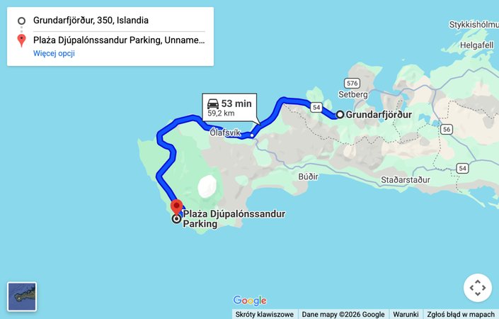 Mapa: dojazd samochodem z Grundarfjordur na plażę Djupalonssandur