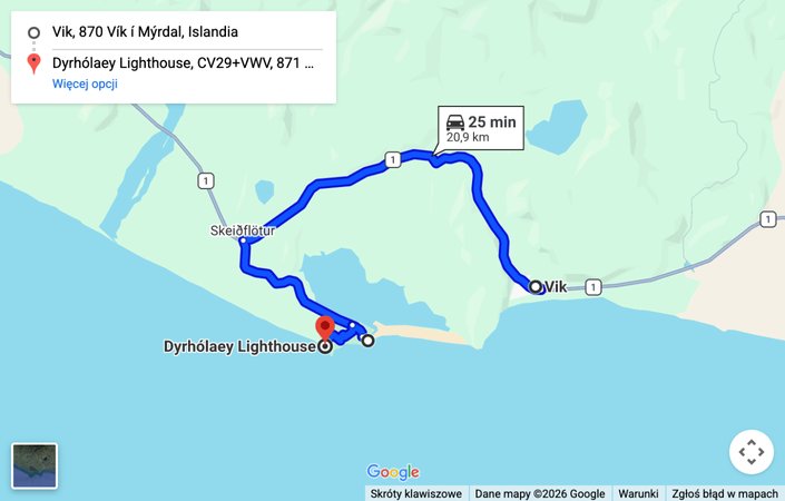 Mapa: dojazd samochodem z Vik do latarni na Dyrholaey