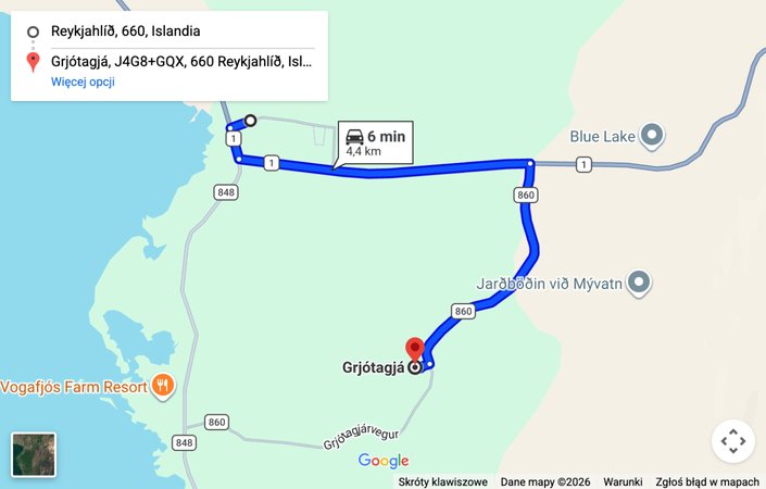 Mapa: dojazd samochodem z Reykjahlid do jaskini Grjotagja