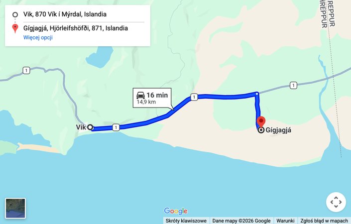 Mapa: dojazd samochodem z Vik do jaskini Hjorleifshofdi