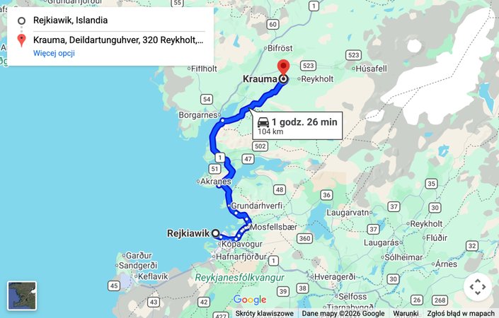 Mapa: dojazd samochodem z Reykjaviku do Krauma