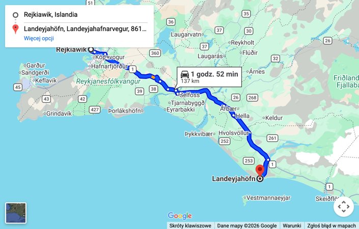 Mapa: dojazd samochodem z Reykjaviku do portu promowego Landeyjahofn