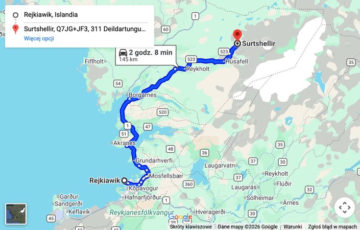 Mapa: dojazd samochodem z Reykjaviku do jaskini Surtshellir