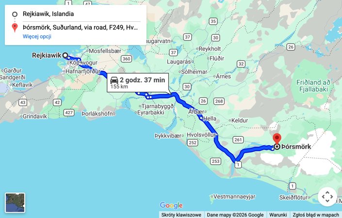 Mapa: dojazd samochodem z Reykjaviku do Volcano Huts w Thorsmork