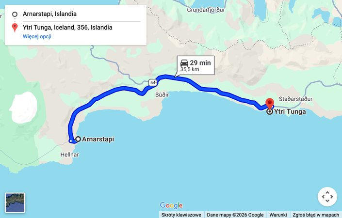 Mapa: dojazd samochodem z Arnarstapi na plażę Ytri Tunga