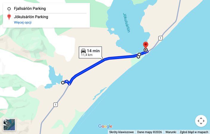 Mapa: dojazd z Fjallsarlon na parking przy Jokulsarlon
