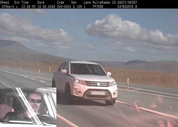 Speed camera photo documenting a speeding offence in Iceland